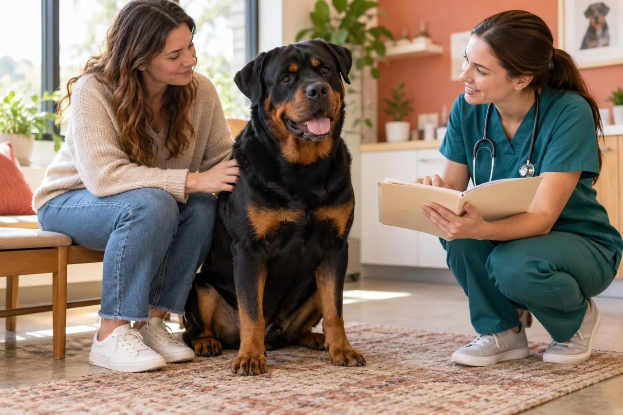 Owner and veterinarian consulting beside a large dog